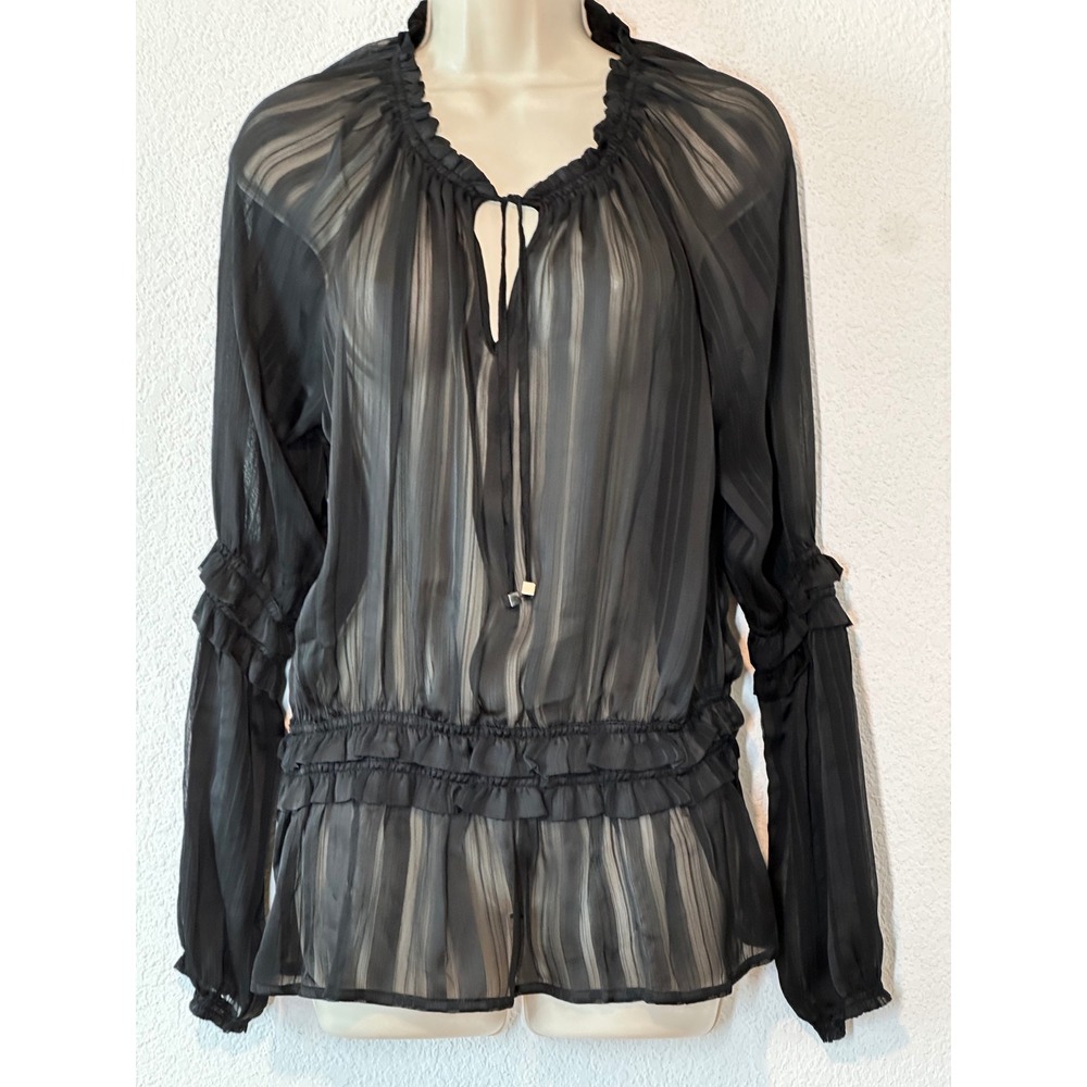 SpieBlack Sheer Striped Ruffle Blouse Keyhole Tie Peplum Top Size 16